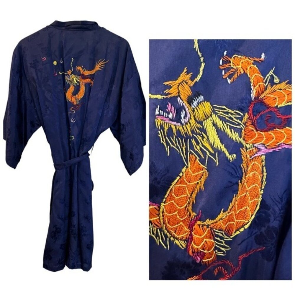 Vintage Golden Bee Silk Blue Rayon Embroidered Dragon Kimono Robe Women’s XL